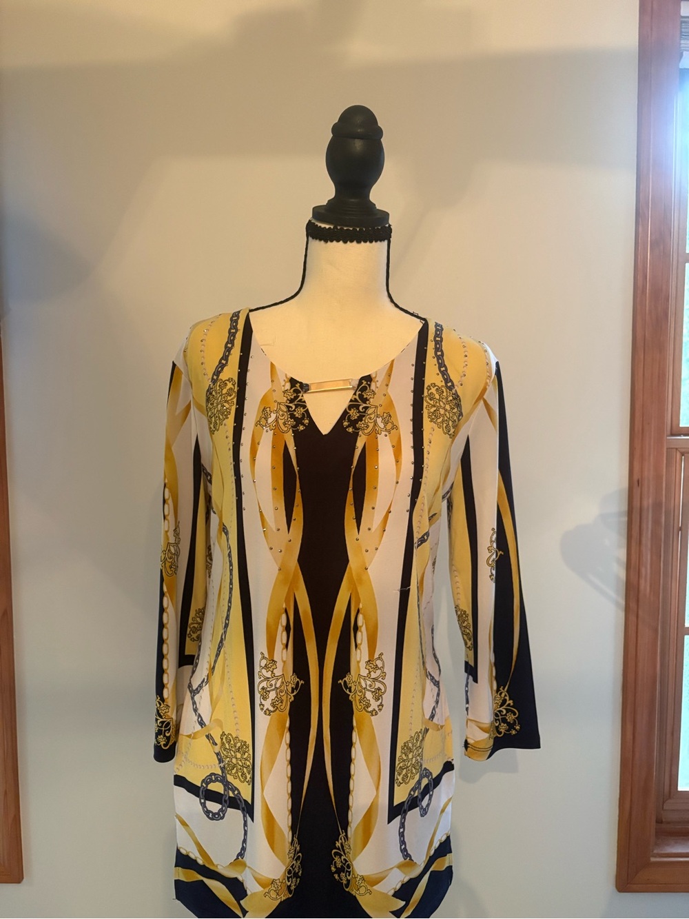 Women's Yellow Patterned Long Sleeve Tunic Blouse
